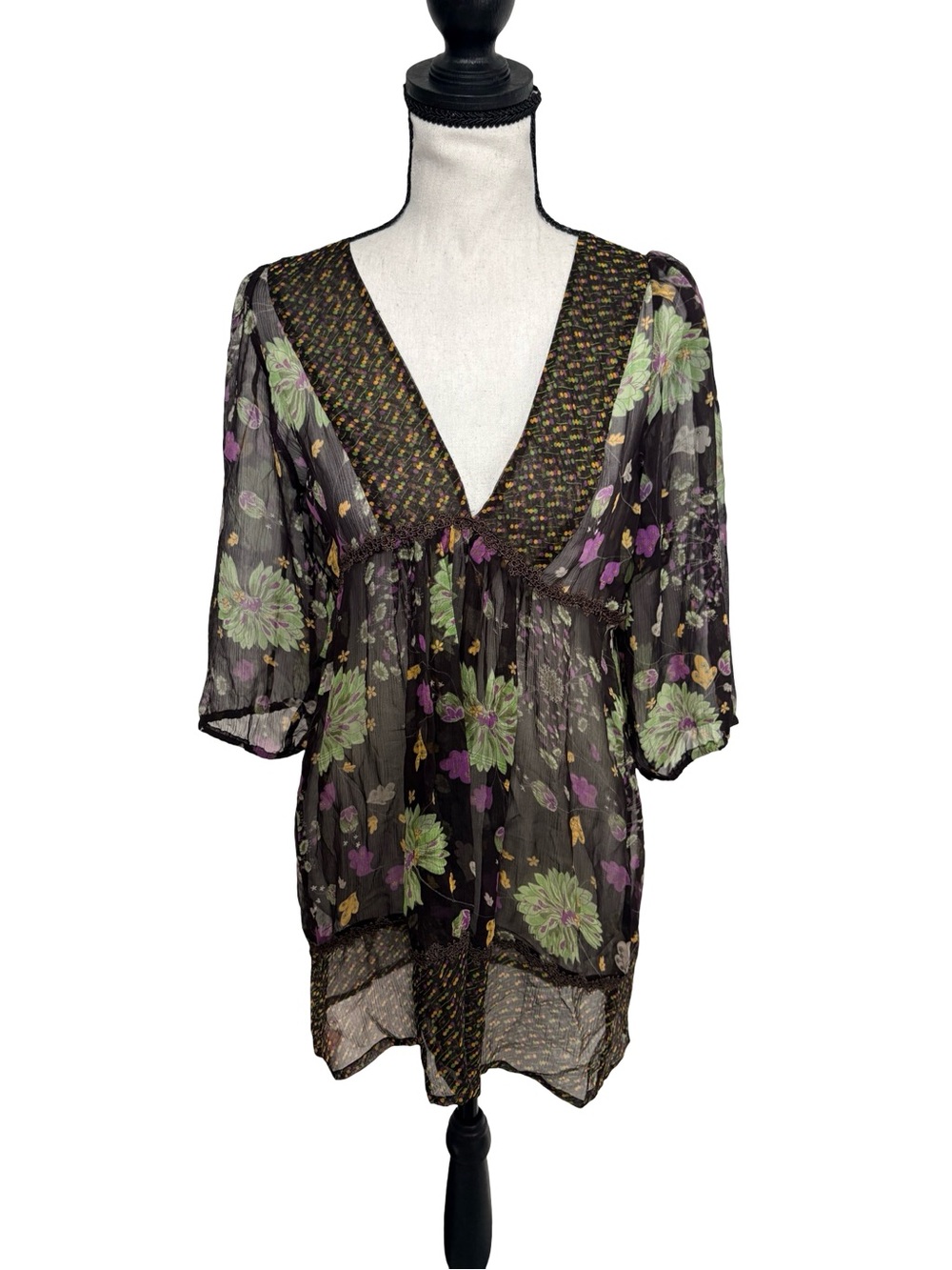 Lux 100% Silk Floral Babydoll Tunic Blouse Fairycore Size S